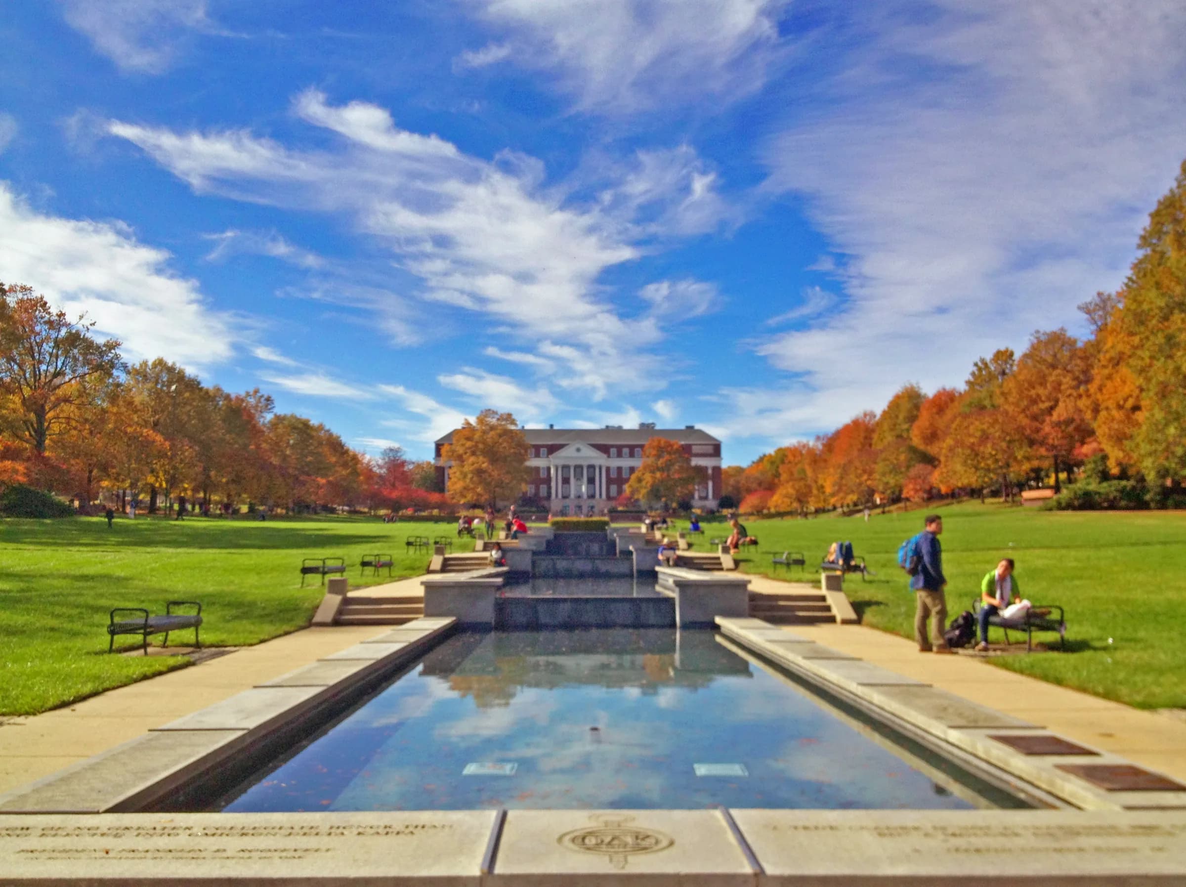 The lawn and autumn trees of McKeldin Mall at the University of Maryland